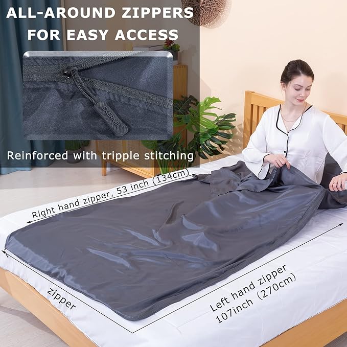 100% Silk Sleep Sack with Zippers on 3 Sides 87”x43” Large Sleeping Liners for Hotels Travel &amp Camping Multifunctional Travel Sheets (Unzipped:87”x87”) for Adults Lightweight All Seasons