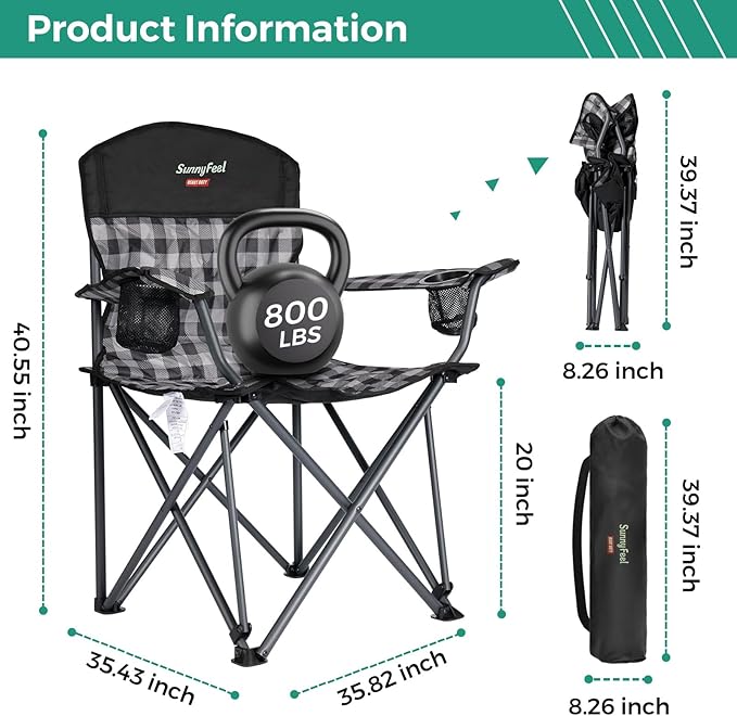 SUNNYFEEL Oversized Folding Camping Chair 2 Pack 800 LBS Heavy Duty for Big Tall People Red Padded Portable Collapsible Chairs with Armrest Cup Holder &amp Pocket for Outdoor Travel Picnic Camp Sport