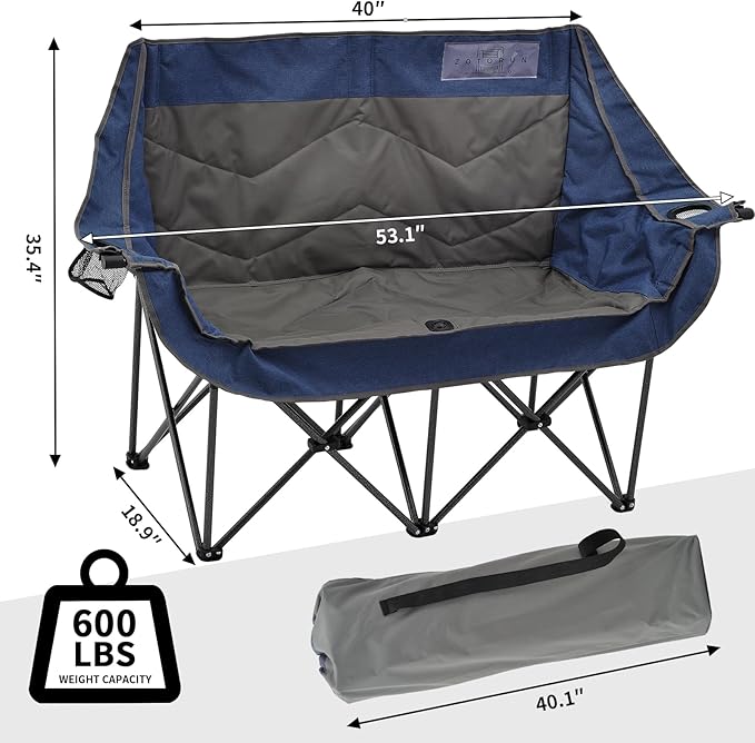 Portable Double Folding Love Seat Padded Camping Chair with Cup Holder Navy Blue and Gray