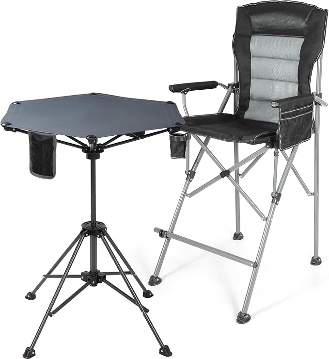 Extra Tall Folding Chairs &amp Adjustable Height Folding Table Set Portable Outdoor Bar Table &amp Foldable Director Chairs with Makeup Pocket for BackyardBeachTravel with Storage Bag