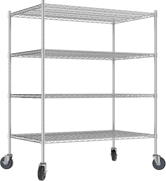 Commercial NSF Listed Chrome Mobile Wire Shelving Kit 30 x 48 x 60 with 4 Shelves Perfect for Warehouse Walk-in Refrigerator Freezer Grocery Store Restaurant Dishroom