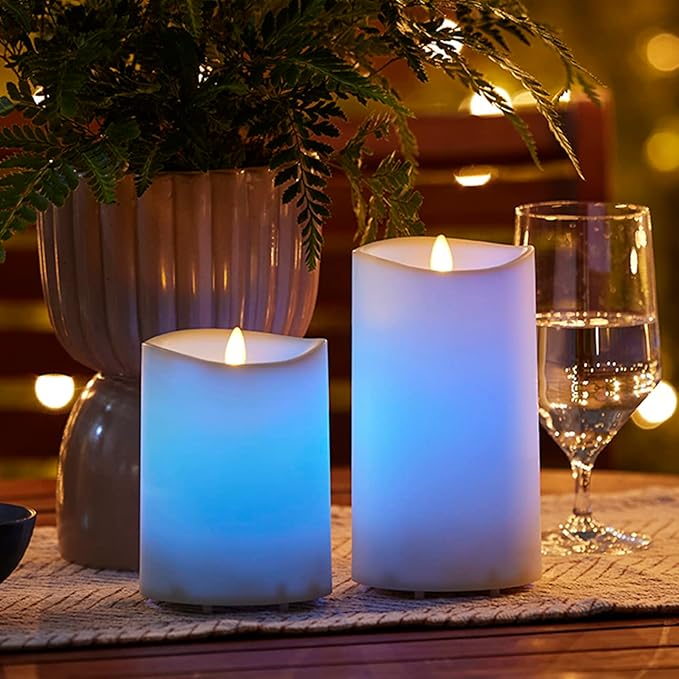 Luminara Outdoor Flameless LED Coloring Changing Candle Melted Edge 3.75 x 7 Real Moving Flame Battery Operated Timer Plastic Weather-Resistant
