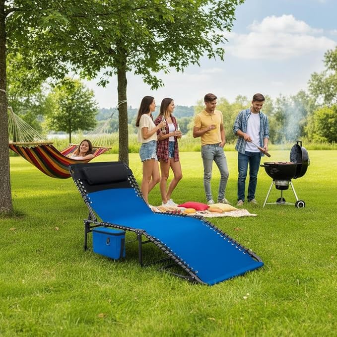 Outdoor Chaise Lounge Chair Folding Tanning Chair with 5-Position Adjustable Backrest Portable Sun Lounger with Carry Handle Side Pocket and Removable Pillow for Beach Pool Patio Camping Blue