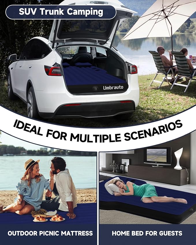 Umbrauto Air Mattress for Tesla Model Y Custom Inflatable Camping Bed for Back Trunk SUV Sleeping Pad w/Soft Flocking Surface Durable 210T Fabric Bottom Portable Pump for Travel Navy