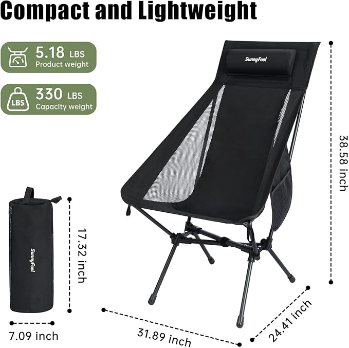 SUNNYFEEL High Back Camping Chair 15 Second Setup Frame 330lb Capacity Portable Backpacking Chair Lightweight &amp Compact Folding Camp Chair for Hiking Camping Black