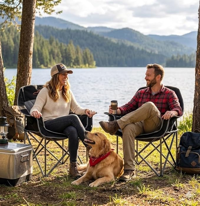 FAIR WIND 2 Pack Oversized Padded Camping Chair Heavy Duty Quad Fold Arm Chair Portable for Outdoor - Support 450LBS Black