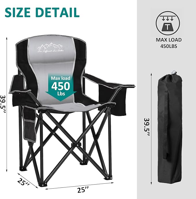 Folding Camping Chair Heavy Duty Portable Lawn Chairs with Cooler Bag Side Pocket &amp Cup Holder Folding Chairs for Outside Support 450lbs Black