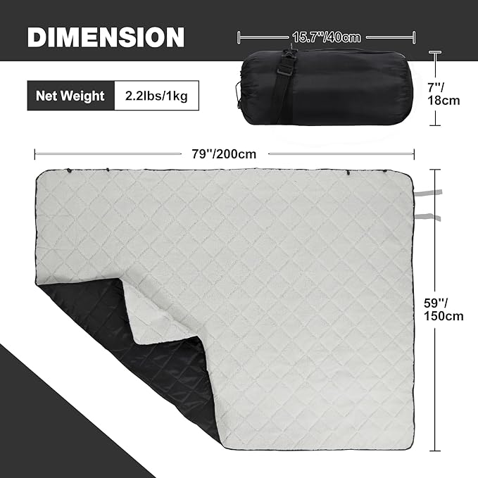 REDCAMP 59x79 Large Warm Camping Blanket Waterproof Windproof with Fleece Lining Outdoor Blanket for Cold Weather Stadium Picnic Travel Machine Washable Black &amp White