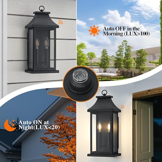 tewei 18'' Dusk to Dawn Outdoor Light Fixture Porch Light Outdoor Wall Sconce Lights 2-Light Black Exterior Lighting Fixture Wall Mount Outside Light for House Garage 1-Pack