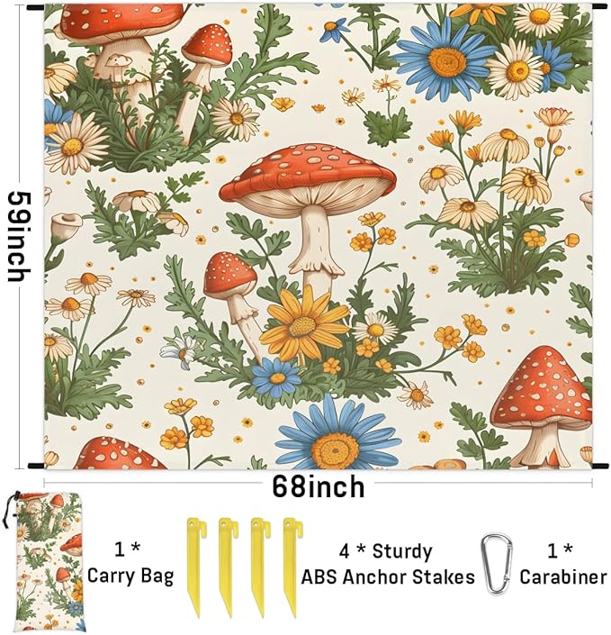Waterproof Sandproof Beach Blanket 59''×68'' Mushrooms Polyester Outdoor Picnic Blanket with 4 Stakes &amp Storage Bag for BeachCampingVacation Wildflowers