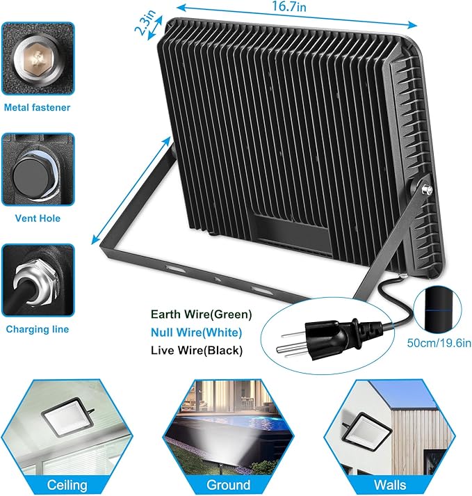 300W LED Flood Light Outdoor2000W Equivalent 5000K Daylight White Super Bright FloodLight with Plug43500LM IP66 Waterproof Commercial Lighting for Sports FieldsCountsArenaStadium