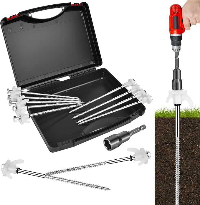 12 Pack Tent Stakes Heavy Duty 8 Inch Ground Anchor Screw Camping Stakes with Luminous Head Metal Threaded Tent Pegs Includes Hex Head Driver and Storage Box