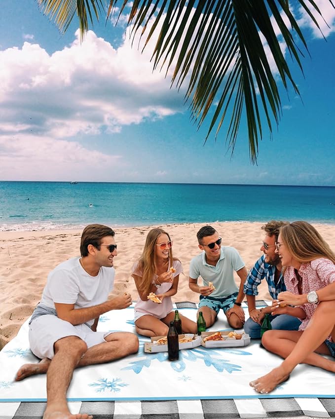 Beach Blanket Waterproof Sandproof OversizedBlue Snowflake Merry Christmas Beach Mat with Corner Stakes Sand PocketsWinter Snow Checker Outdoor Picnic Mat for Travel Camping Hiking 95x80In