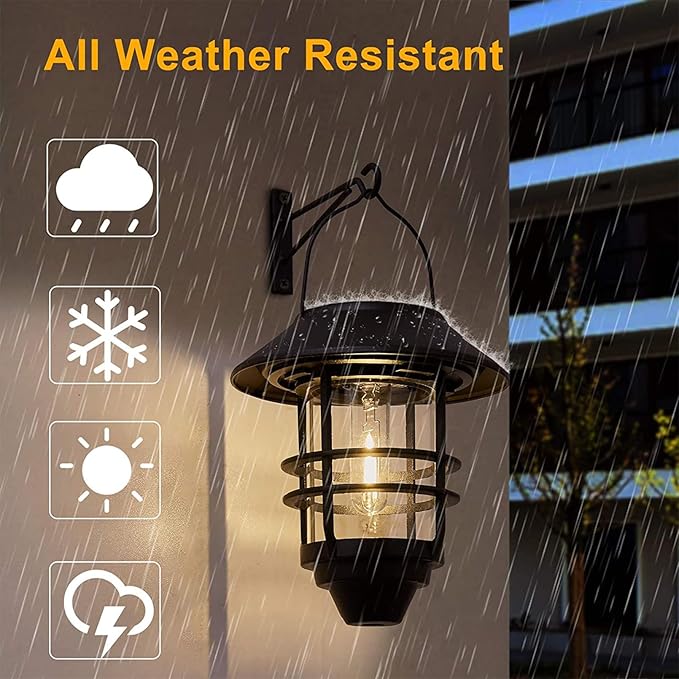 2 Pack Solar Lanterns Outdoor Hanging Waterproof Solar Wall Lights Glass Metal with Wall Mount BracketAuto Dusk to Dawn Garden Lantern Warm White for Outdoor Front Porch Garden