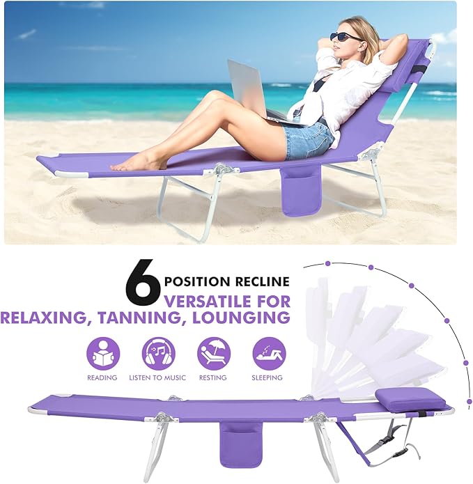 3 in 1 Women Comfort Backpack Beach Tanning Lounge Chair with Cushion Face Hole Softer Padded Adjustable Washable Layout Sun Chair for Adults Outside Reading Sunbathing Poolside 6 Position 2 Pack