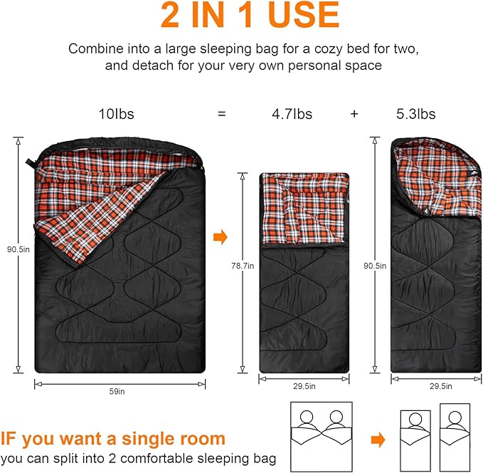 AGEMORE Cotton Flannel Double Sleeping Bags for Adults Cold Weather Waterproof Queen Size Sleeping Bag 2 Person Double Wide Warm Sleeping Bag for Family or Couples Outdoor Camping or RV Traveling