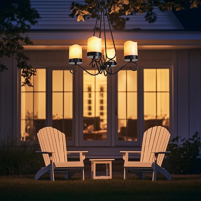 HOXIYA Battery Operated Outdoor Lights 4 Light Battery Powered Pendant Light Waterproof Wireless Hanging Chandelier Led Candle Light with Remote for Porch Patio Pergola Gazebo Canopy Tent Decor