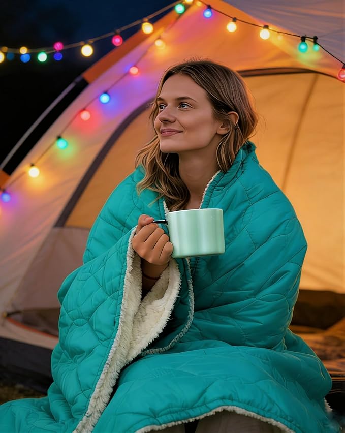 12V Battery Powered Heated Camping Blanket with Detachable Hood Heated Cordless Blanket with 15000 mAh Battery (Green)