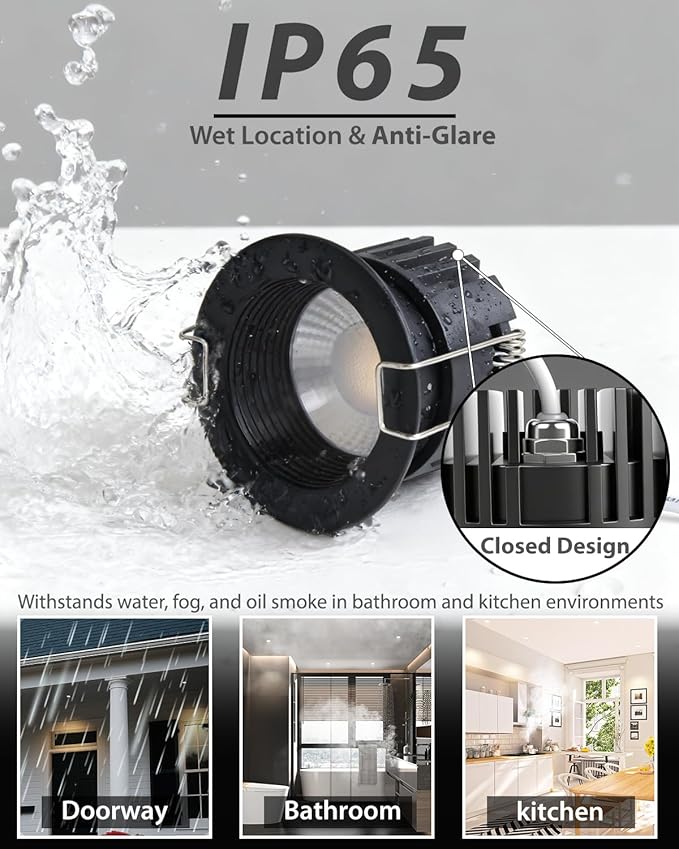 Adetu 2 Inch 5CCT Black Anti-Glare LED Downlight with Junction Box 2700K/3000K/4000K/5000K Selectable CRI90+ 8W COB 840LM IP65 Waterproof Dimmable-ETL and Energy Star Certified (Black1 Pack)