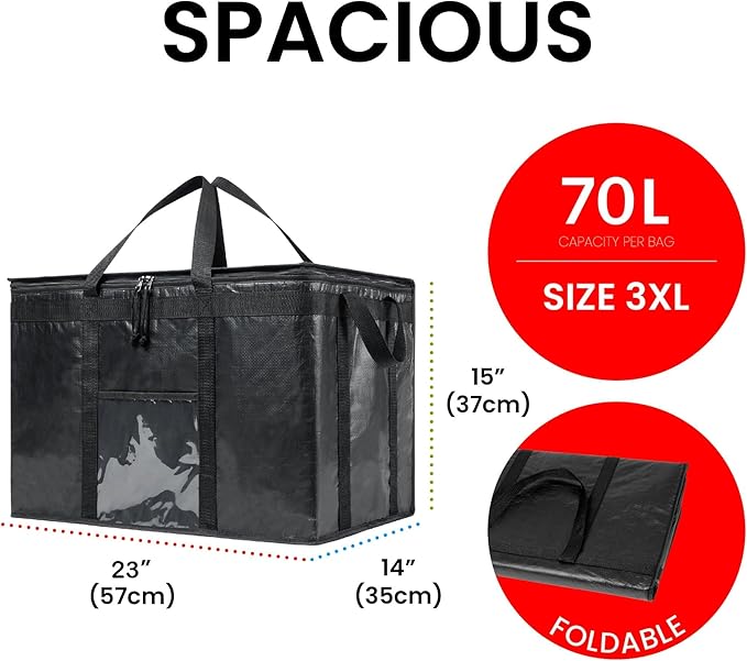 NZ home Insulated Bags for Food Delivery (3XL PRO) Grocery Shopping Cooler Bag Pizza Delivery Hot &amp Cold Catering Tote Reusable Foldable &amp Heavy Duty (Blue)