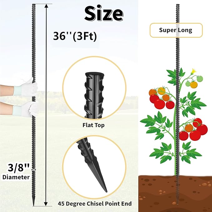 Rebar Stakes 36 inches 16-Pack Concrete Form Stakes Straight 3/8 Diameter Rebar Ground Metal Stakes for Landscaping Securing Fence Garden Plants Support Survey Markers and Securing Trees