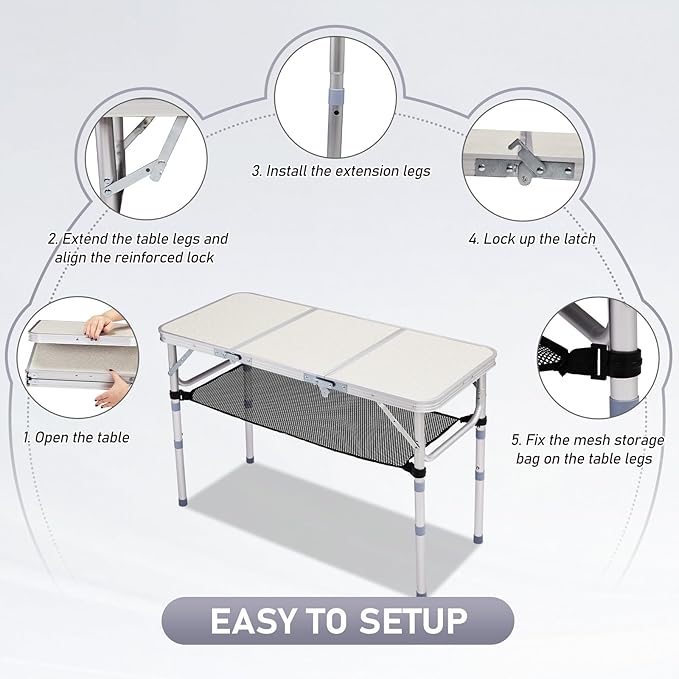 VINGLI Small Folding Table Portable 3FT Aluminum Foldable Camping Table for Picnic Card Table with 3 Adjustable Height &amp Carry Handle for Outdoor Indoor Hiking Camp BBQ Beach-White