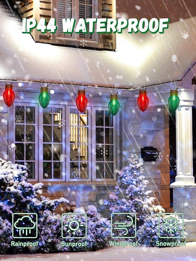 SUNSGNE Red and Green Giant Christmas Lights 16FT Red and Green LED Christmas Lights with 10 Count 5'' Clear Glossy LED Bulbs for Xmas Roofline Patio Backyard Decorations