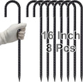 VVOKGO Rebar Stakes 16 Inches J Hook Heavy Duty Chain Link Fence Stakes 8 Pcs Metal Long Tent Spikes Ground Anchors for Wire Fencing Dogs Digging Camping Tents Swings Greenhouse Black