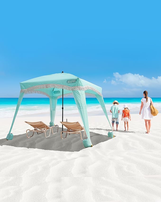 OutdoorMaster Beach Cabana with Fringes Portable 6' x 6' Beach Canopy for Sand Easy Set Up Beach Shelter Included Side Wall UPF 50+ UV Protection Sun Umbrella - for Family &amp Friends