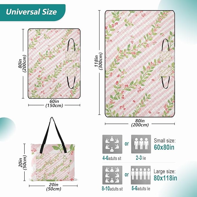KLL Pink Green Stripe Pattern with Flowers Waterproof Beach Mat Cute Picnic Picnic Accessories Outdoor for 8 To 10 Adults Summer Gift cojines para picnic