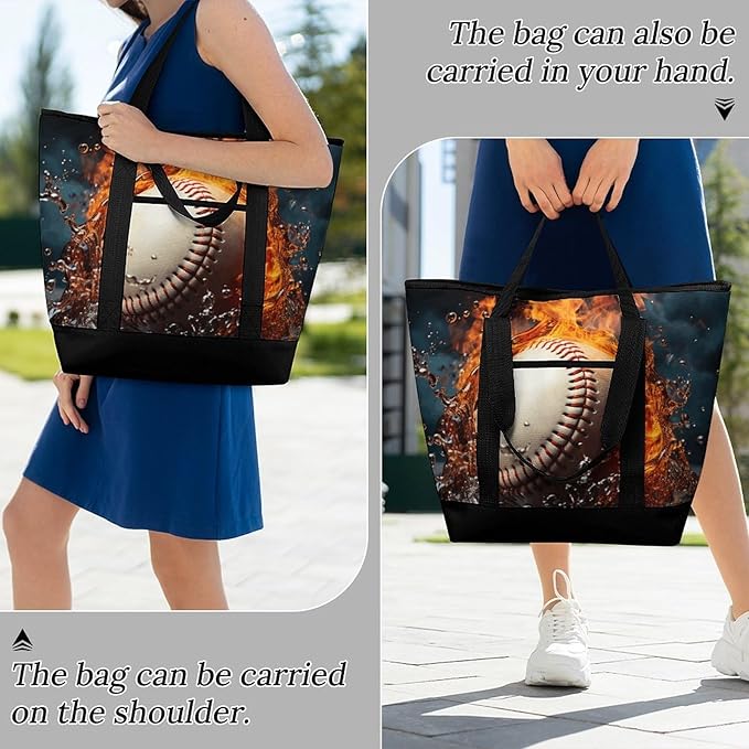 Insulated Shopping BagLarge Reusable Cooler Bags Fire Water Baseball Ball Printed Foldable Shopping BagTravel Waterproof Shoulder Bag