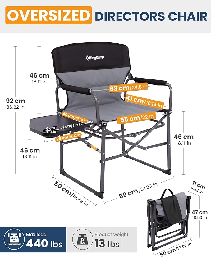 KingCamp Oversized Camping Directors Chair with Side Table Compact Design Heavy Duty 440lbs Folding Portable Padded Camp Chairs with Extra Wide Seat &amp Anti-Sag Fabric for Outdoor Fishing Sports