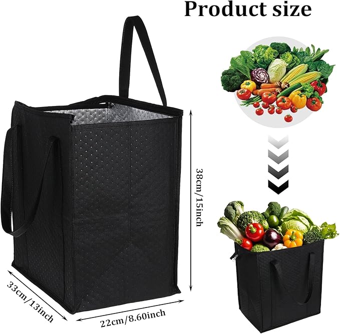 6 Pcs Insulated Shopping Bags For Groceries Large Reusable Cooler Bags Thermal Totes With Zippered Top For Hot Cold Food Delivery Refrigerator Pizza(Black)