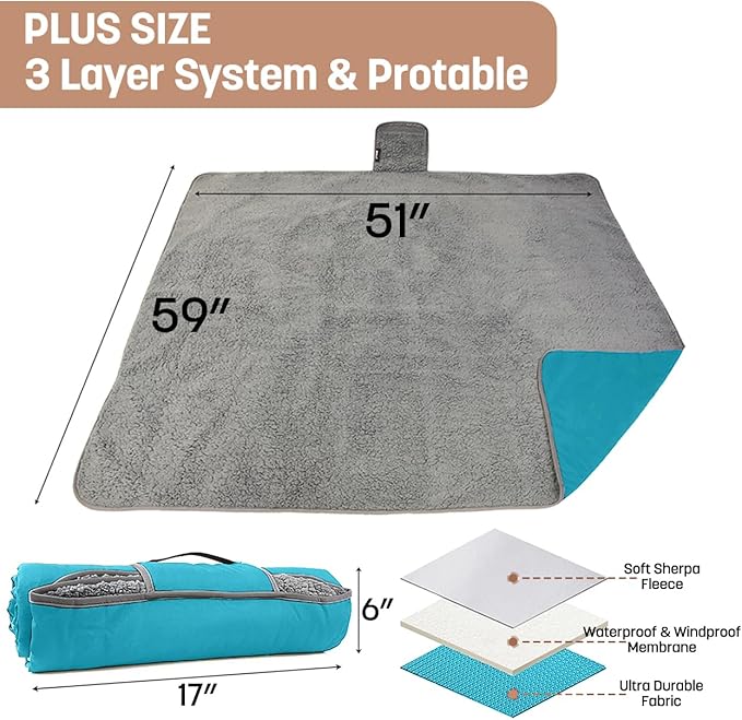Tirrinia Waterproof Outdoor Blanket with Sherpa Lining Windproof Triple Layers Warm Comfy Foldable for Camping Stadium Beach Picnic Grass Concerts Car Dog 51''X 59'' &amp 59''X 80''