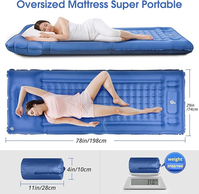 Camping Sleeping PadsExtra Thick 5 Inch Inflatable Sleeping Mat with Pillow Built-in PumpOversized Mattress Super Portable Backpacking Sleeping Pad (Blue Single)