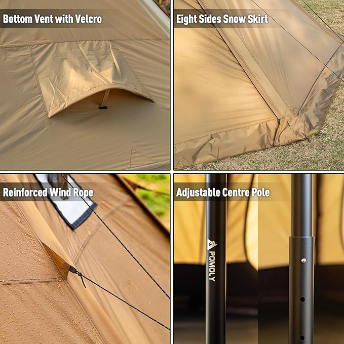 POMOLY Tipi Tent Camping Hot Tents Bromance 70 Pyramid with 3 Stove Jacks for 2-4 Person Hiking Hunting
