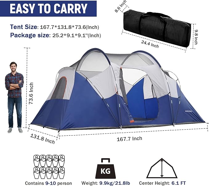 HIKERGARDEN 10 Person Camping Tent - Portable Easy Set Up Family Tent for Camp Windproof Fabric Dome Tent Outdoor for Hiking Backpacking Traveling-14'x11'x74in(H)