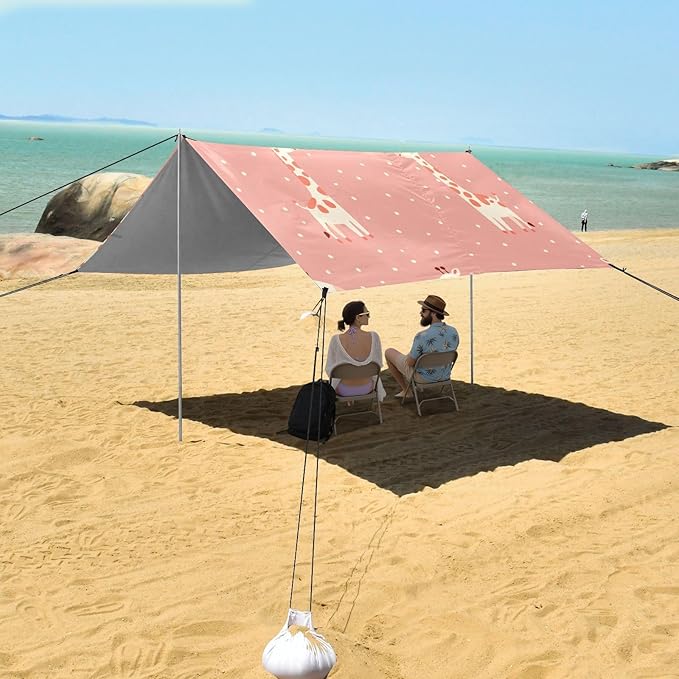 Cute Giraffe Beach Tent Sun Shelter 9.2' x 10.5' Beach Canopy with 4 Sandbags 4 Stability Poles Sand Shovels - Tent Canopy for Beach Camping Fishing Picnics