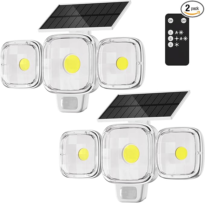 Solar Motion Sensor Outdoor Lights 3 Modes LED Security Flood Light with Remote Control IP65 Waterproof Solar Powered Outside Wall Light for Garden Patio Garage Yard (White 2 Pack)
