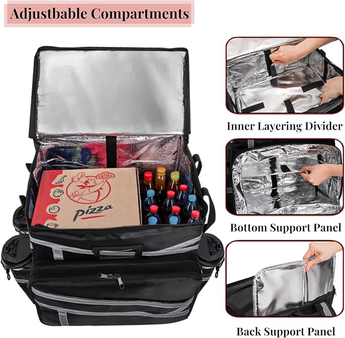Food Delivery Backpack Expandable Insulated Pizza Bag with 4 Cup Holders Large Waterproof Catering Bag with Reflective Strip Support Boards for Delivery Bike Doordash