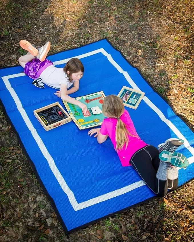 Mountain Mat 5x7 Solid Blue RV Patio Mat – Extra Thick 5mm Recycled Poly Rug – Heavy-Duty Waterproof Reversible – Premium Camping Mat for Deck Patio Beach (Blue NO Carry Bag 5'x7')