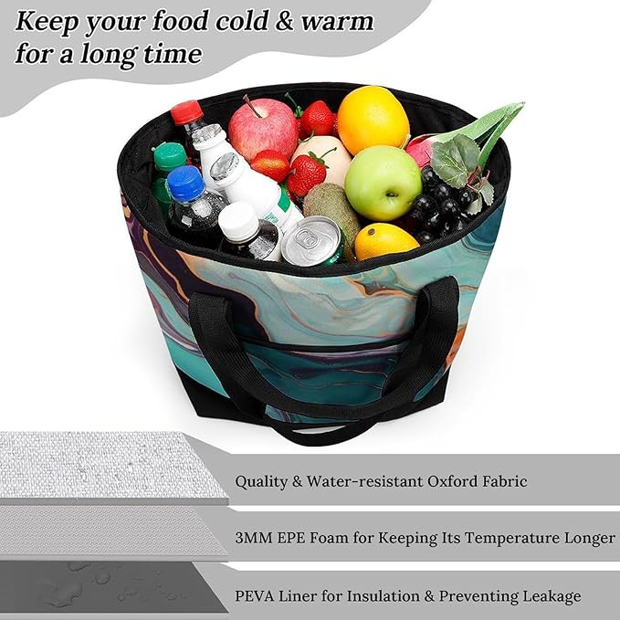 Insulated Shopping BagLarge Reusable Cooler Bags Colourful Marble Printed Foldable Shopping BagTravel Waterproof Shoulder Bag