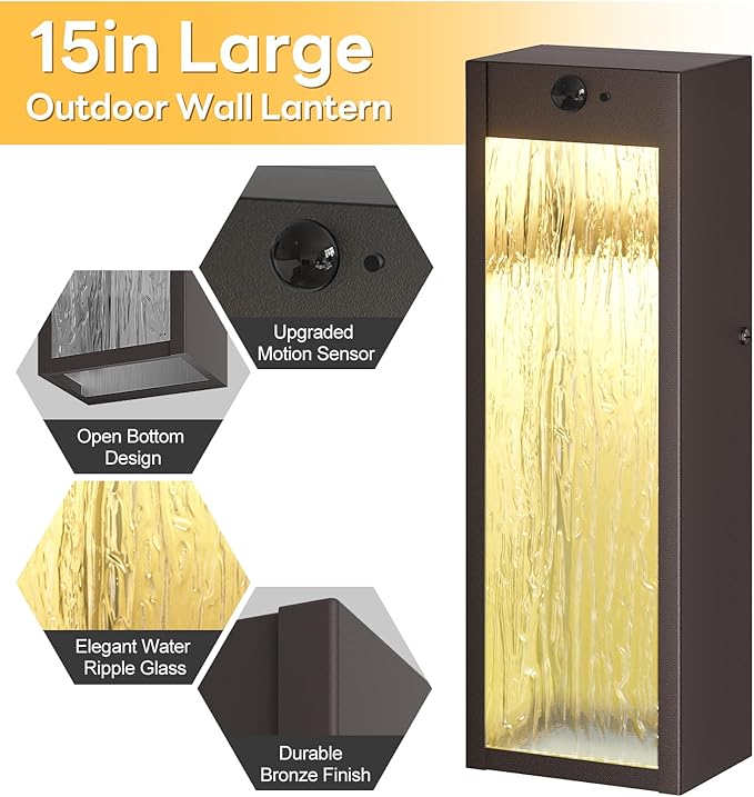 Motion Sensor LED Outdoor Wall Light Fixtures 2 Pack 15in Exterior Bronze Waterproof Outdoor Lighting Large Modern Water Ripple Porch Sconces Wall Mounted Outside Lantern for Garage Front Door
