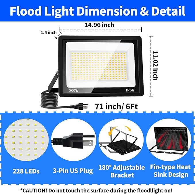 200W Flood Lights Outdoor 24000lm Bright Security Light with Plug &amp 6ft Cord 5000K Daylight White Exterior LED Floodlight IP66 Waterproof LED Work Light Yard Lights for Garage Stadium 2 Pack