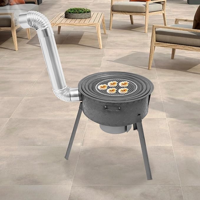 Multifunction Wood Burning Stove With Grill Rack Camping Wood Stove Large Charcoal Grill With Grill Rack For Outdoor/Backyard Cooking Picnic And Barbecue. (Gray-21in+ 4 Wok Rings)