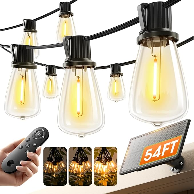KYY 54FT Solar String Lights Outdoor Waterproof with USB Charging &amp Remote Dimmable &amp Timable Solar Powered Patio Lights with LED Shatterproof Bulbs for Deck Backyard Porch Garden Camping