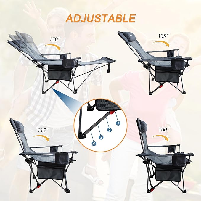 Reclining Camping Chair with Removable Footrest Lounge Chair with Headrest Cotton Cushion Portable Adjustable Folding Chairs