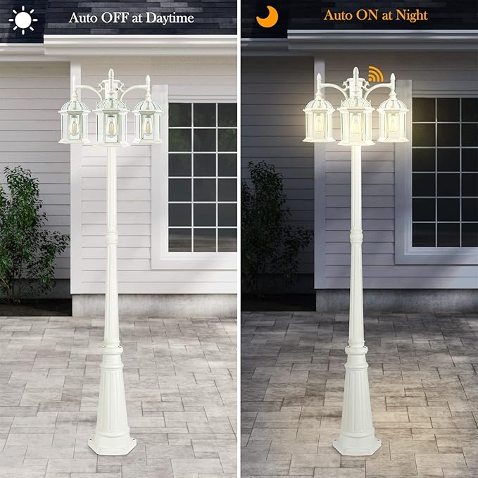Dusk to Dawn Outdoor Lamp Post Light Birdcage 3 Head Waterproof Outside White Street Light Pole with Clear Glass Shade for Yard Garden Patio Path Driveway