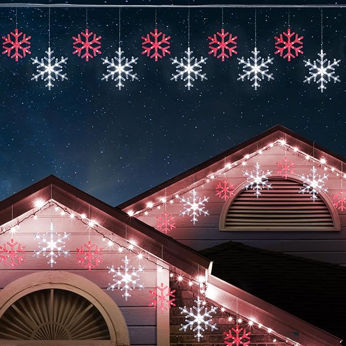 Christmas Snowflake Icicle Lights-9ft 150LED Twinkling Christmas Lights with Timer Waterproof Connectable Hanging 10 Drop for Eave Window Porch Xmas Indoor Outdoor Decoration (Red and White)