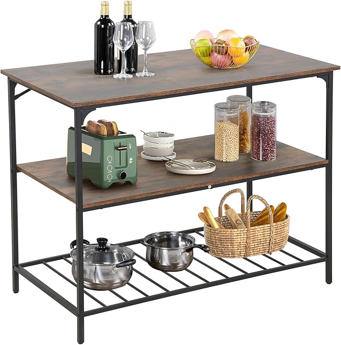 3 Tier Kitchen CounterWooden Table TopKitchen Island Large Storage SpaceBrown